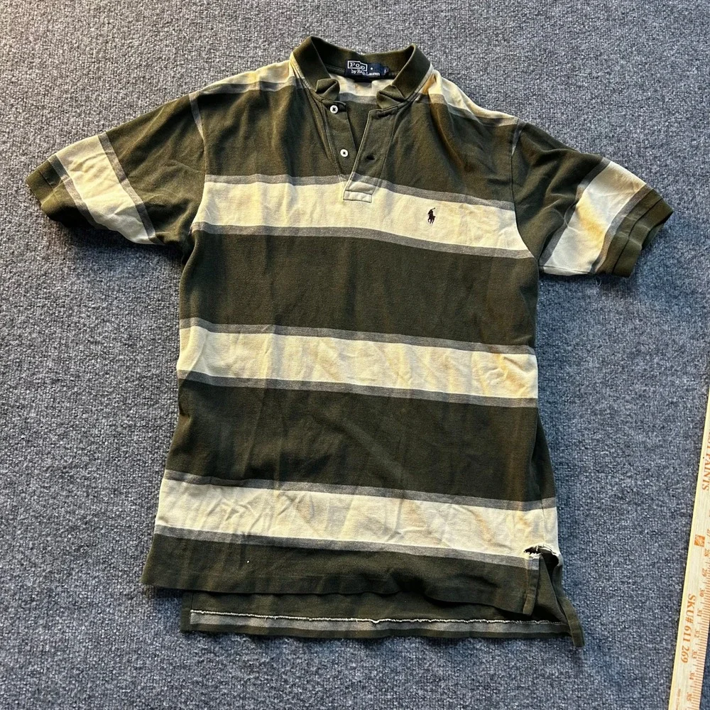 Polo Ralph Lauren Polo Mens Size L Green Cream Striped Short Sleeve Cotton Rip